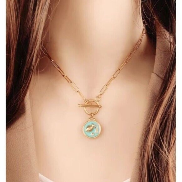 Zodiac Pendant Necklace Waterproof Gold Toggle Clasp Turquoise pendant Necklace - Picture 6 of 16